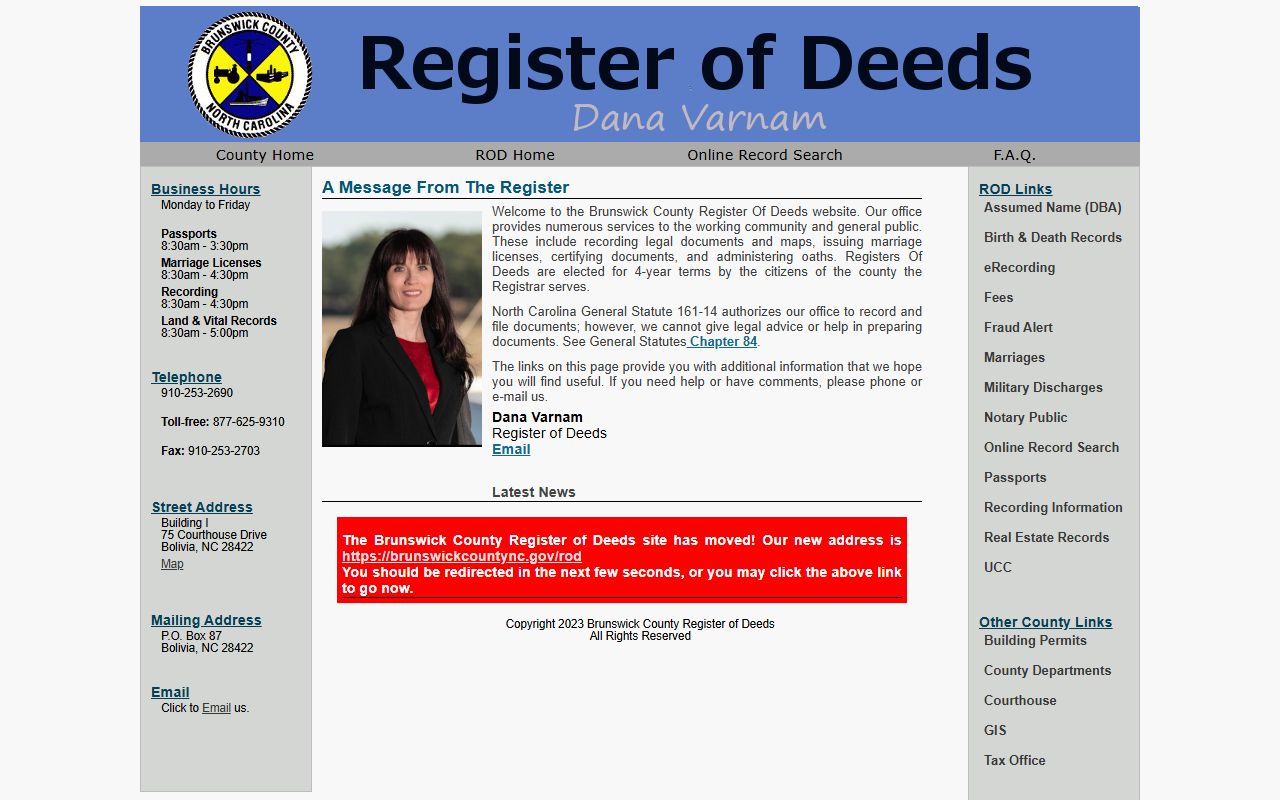 Brunswick County Clerk of Superior Court Register of Deeds homepage distinction