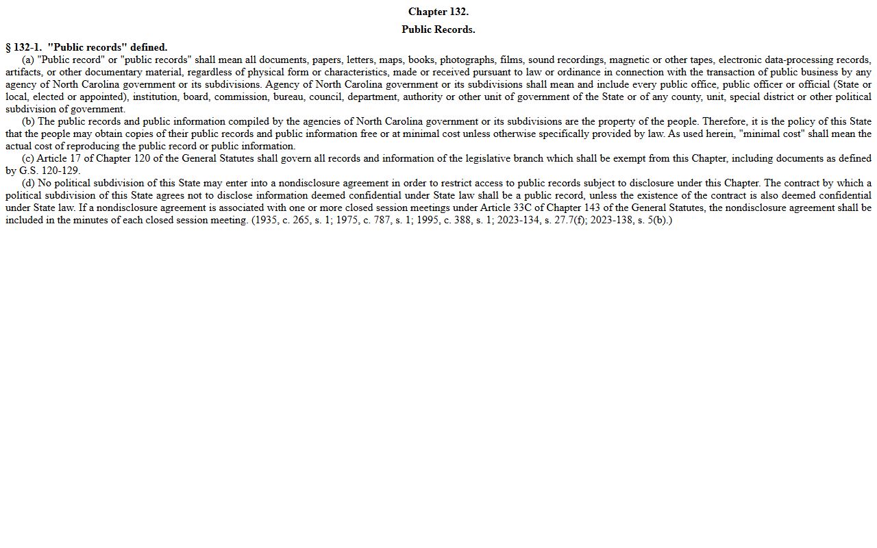 Brunswick County court records N.C.G.S. 132-1 public records definition