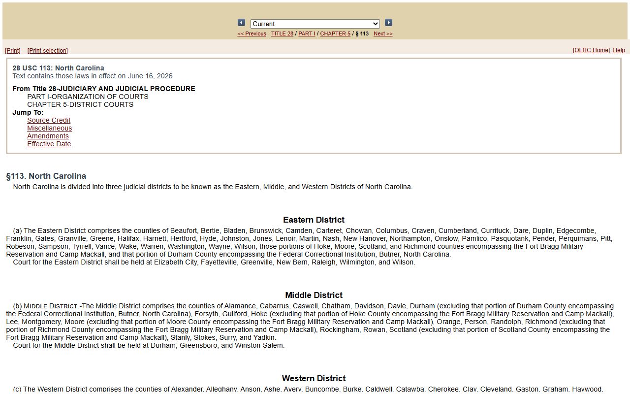 Brunswick County Superior Court 28 USC 113 federal district statute