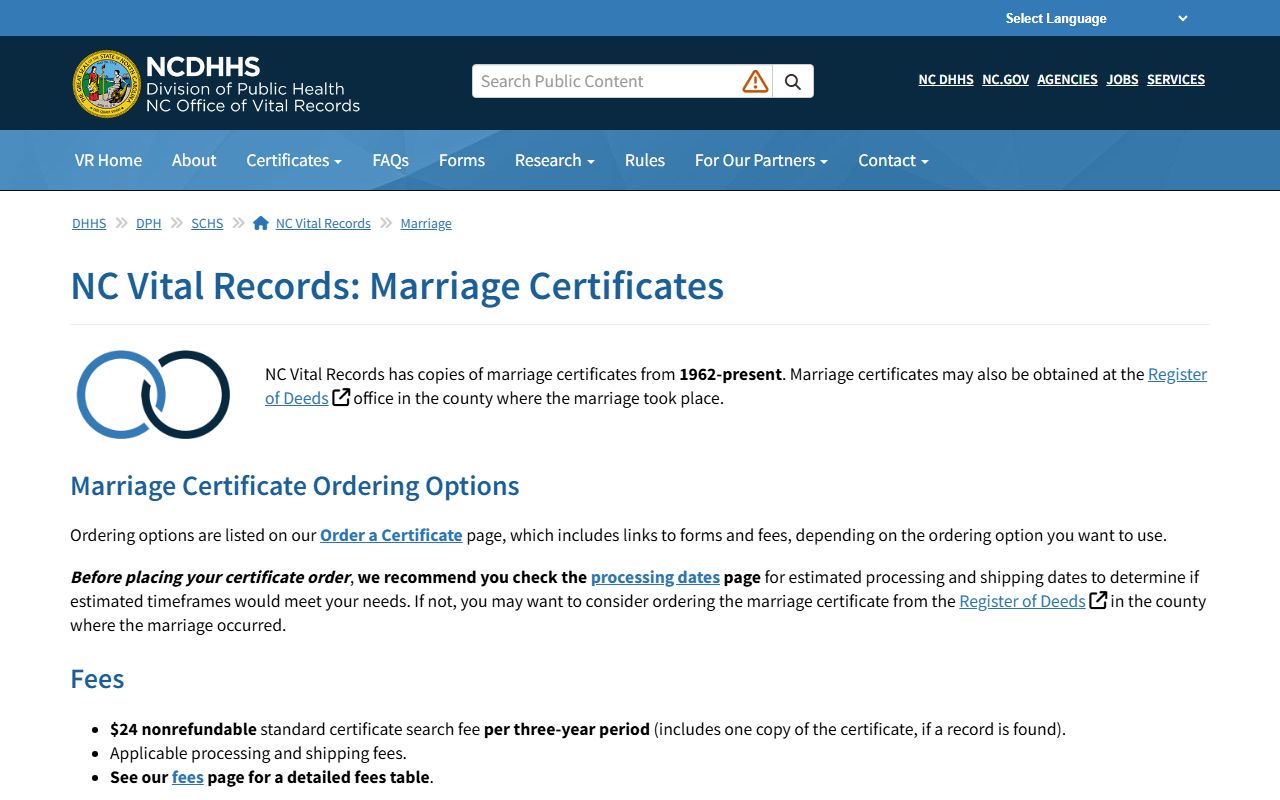 Brunswick County marriage records NC Vital Records certificate route